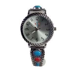 NEW Canyon Sky Watch Women Silver Tone Faux Turquoise Stretch Band WORKS